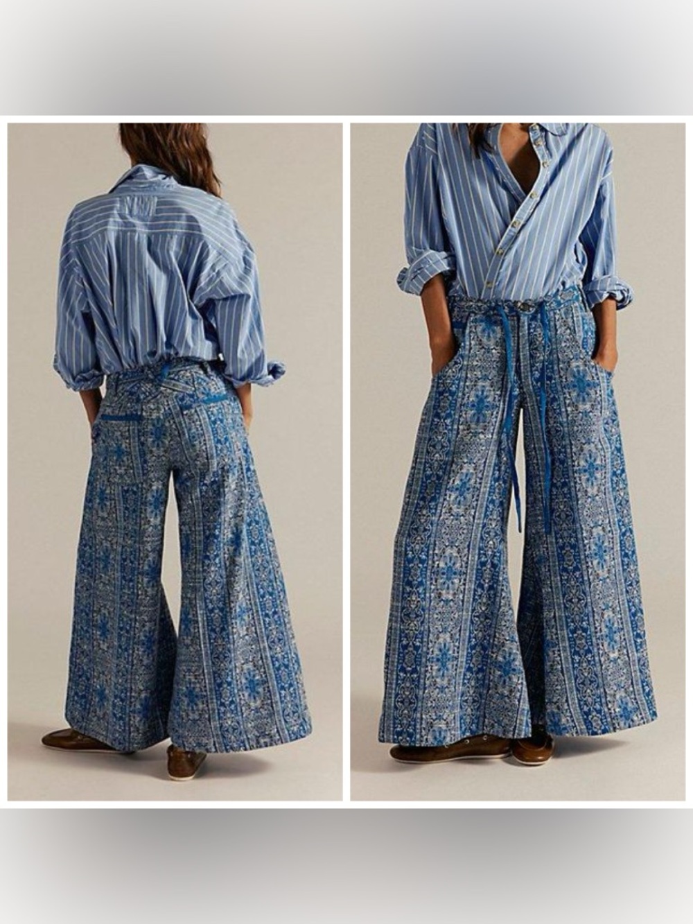 Free People Dahlia Wide Leg Flare Pants Brocade Tapestry Blue Sz 8